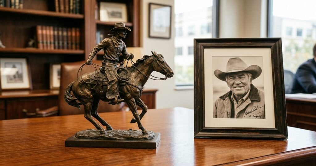 Hegseth cowboy statue gift held bronze statue desk
