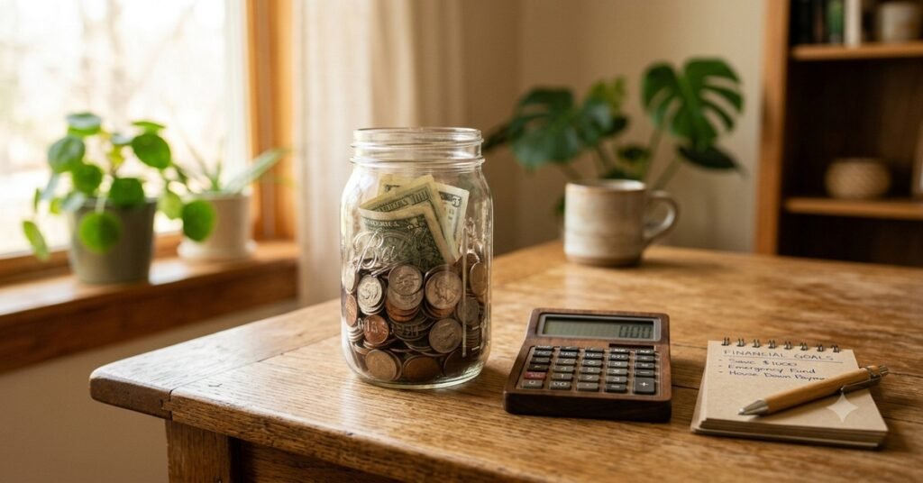 How long will my money last — savings jar with coins and calculator on desk
