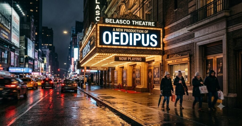 Oedipus Broadway marquee lit up at Studio 54 theatre in New York City at night