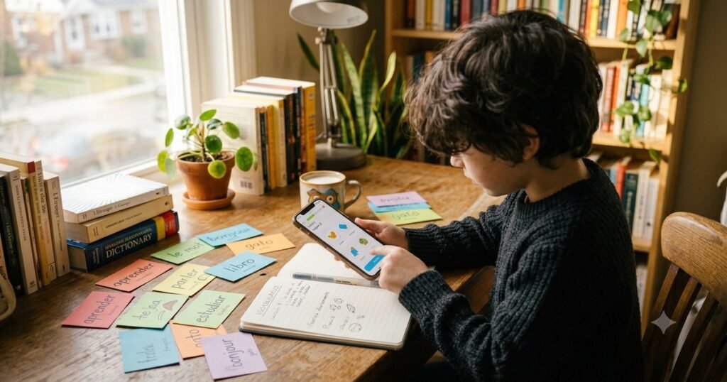 What is the easiest language to learn — person studying language app with flashcards