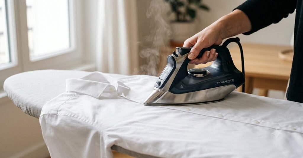 How to iron a shirt — steam iron gliding over crisp white dress shirt