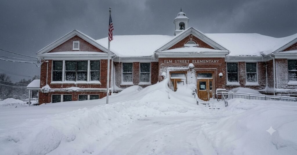 Closed schools RI Rhode Island Blizzard 2026 school building snow covered