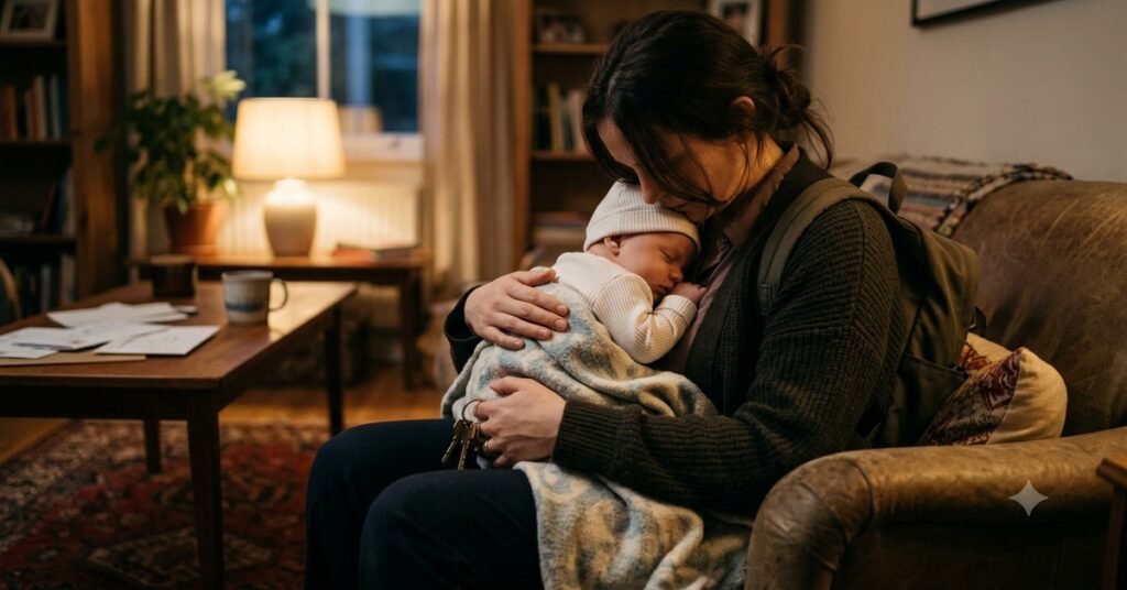 Ashleigh Hardaker working mom holding sleeping baby after work evening