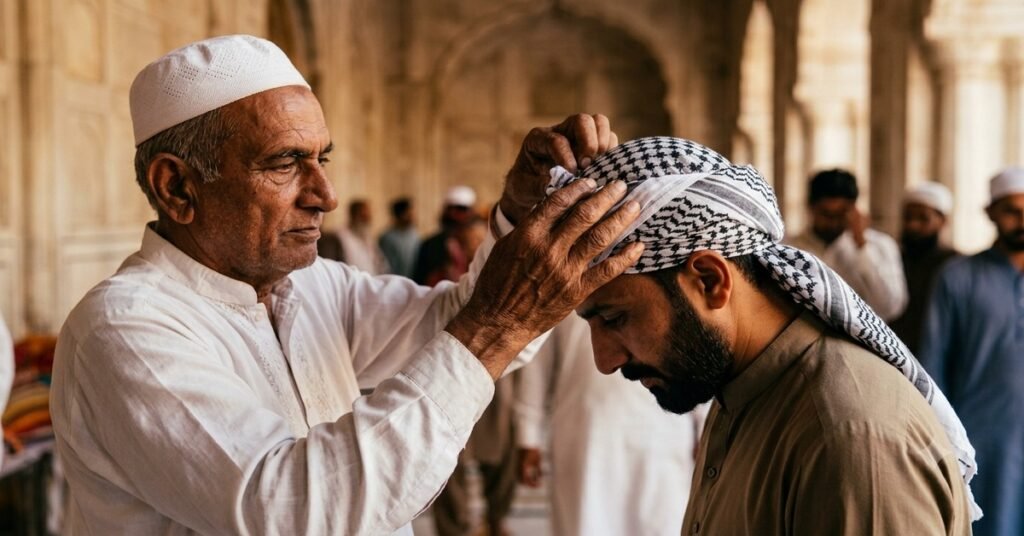 Hands wrapping a traditional turban fabric showing cultural craftsmanship