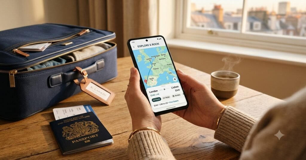 Vacations for 2015 vs 2026 — person planning trip using smartphone travel app