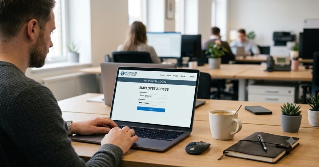 GM Socrates — corporate HR employee portal login page on laptop screen