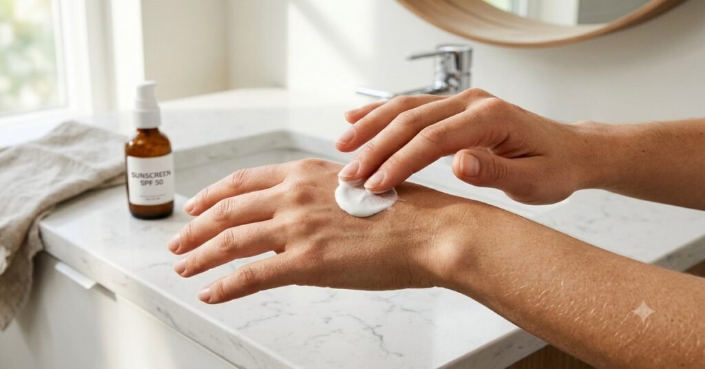 SPF wrinkles prevention — applying sunscreen on hand near bathroom counter