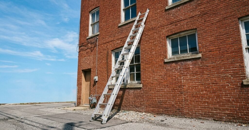 Ladder leaning against brick building wall at an angle