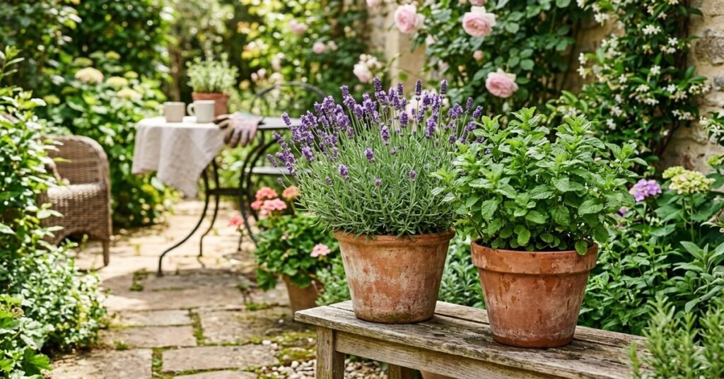 Lavender and mint plants that repel mosquitoes on outdoor patio
