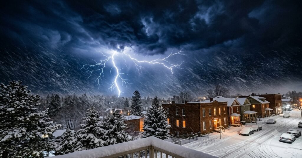 Thundersnow — lightning flashing over falling snow during winter storm