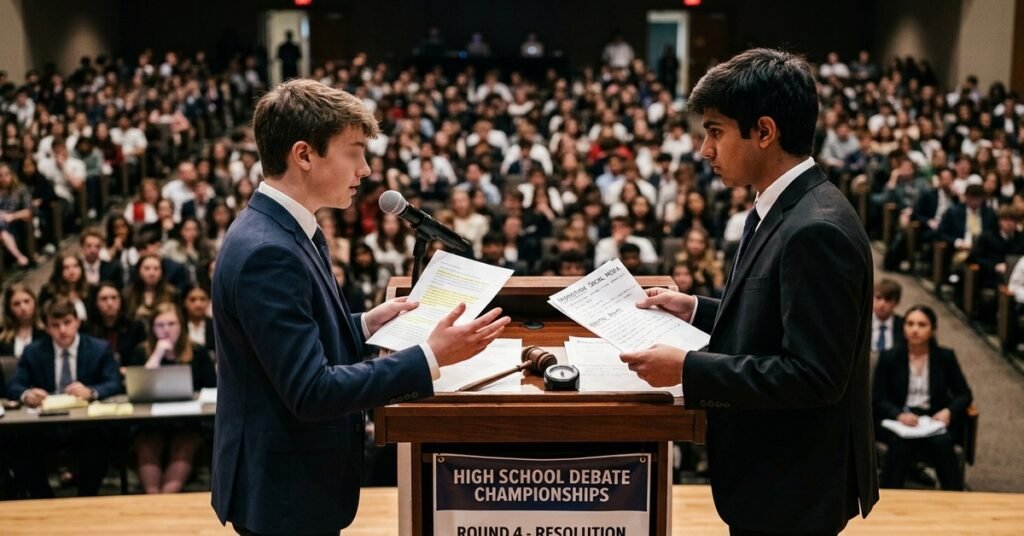 Students competing at a debate tournament podium