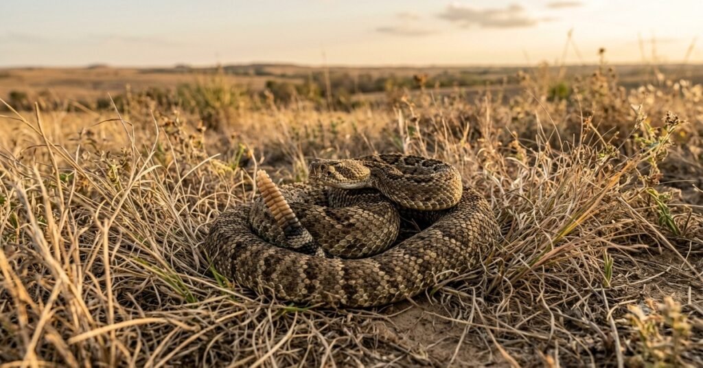 Venomous rattlesnake coiled in Kansas prairie grassland