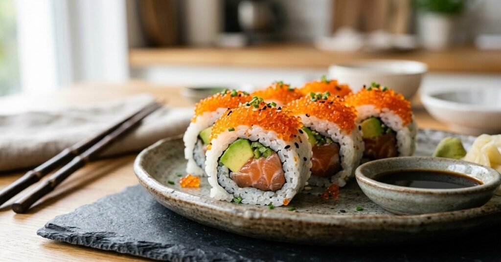 Sushi rolls topped with orange roe — spheres on a sushi roll crossword answer