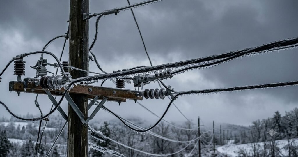 Power lines coated in thick ice during winter storm