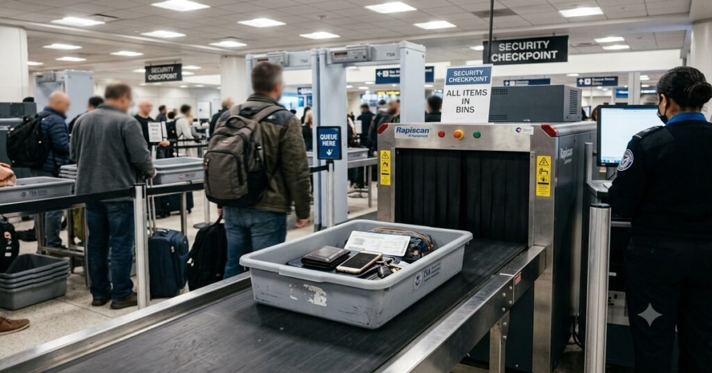 Airport TSA security checkpoint conveyor belt with bins