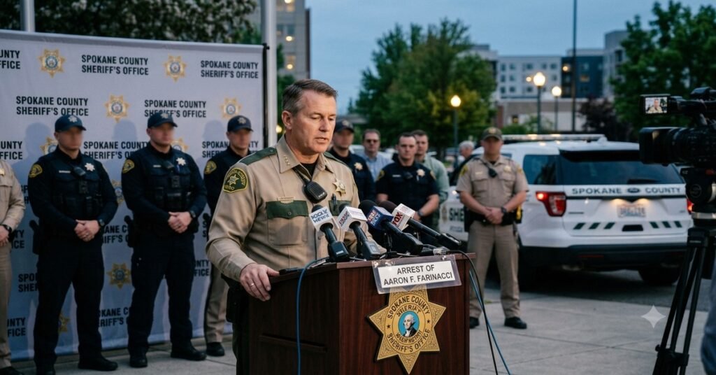 Aaron Farinacci Spokane arson arrest Spokane County Sheriff press conference Old Trails Fire 2026