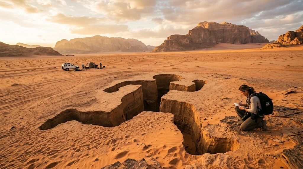 Wile E. Coyote-shaped hole in desert ground from Coyote vs. Acme movie