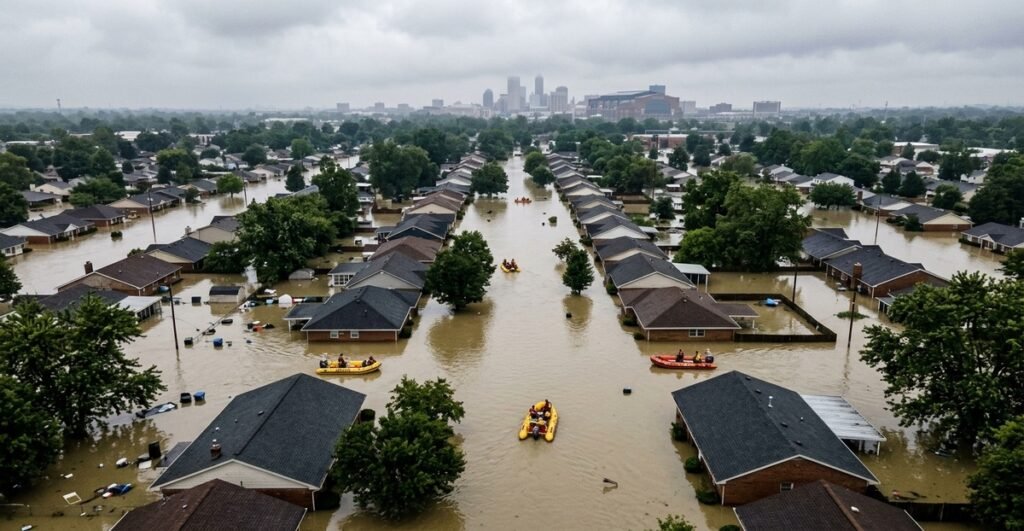 Indianapolis flooding 2026 White River aerial view submerged streets neighborhoods August 15