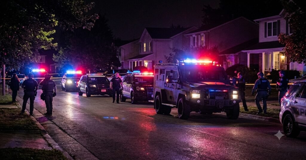 Police and SWAT vehicles responding to a swatting call at night