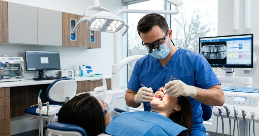 Dentist examining patient teeth during routine dental checkup