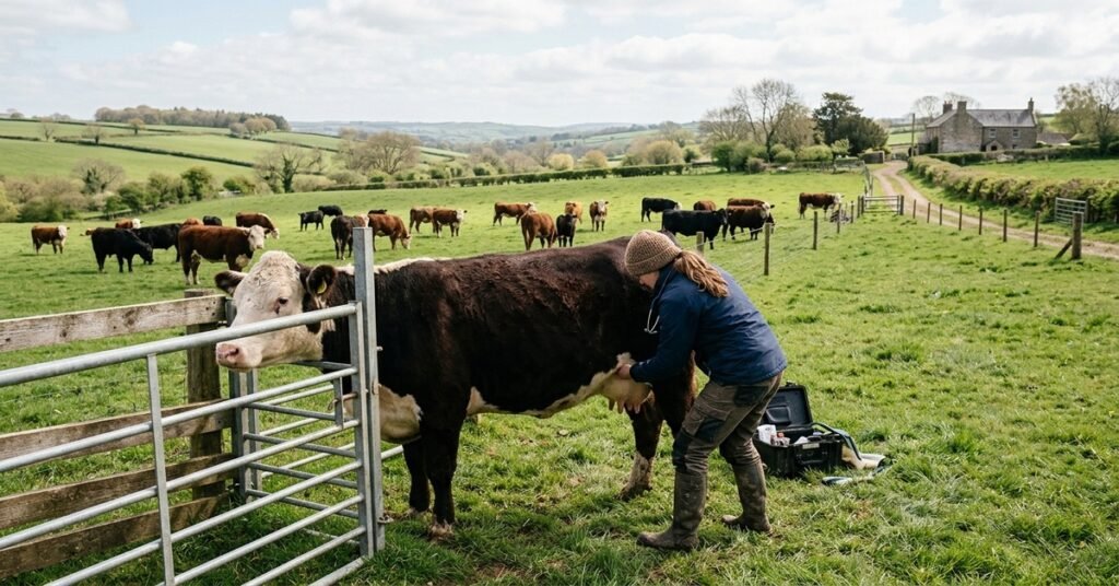 Veterinarian examining livestock for New World screwworm infestation