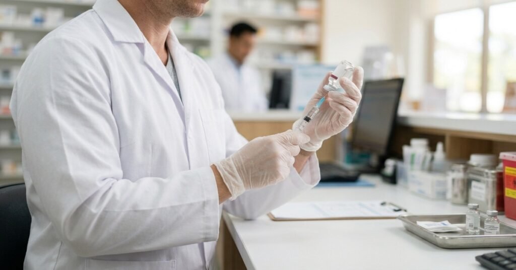 Pharmacist preparing a flu vaccine syringe at a clinic counter